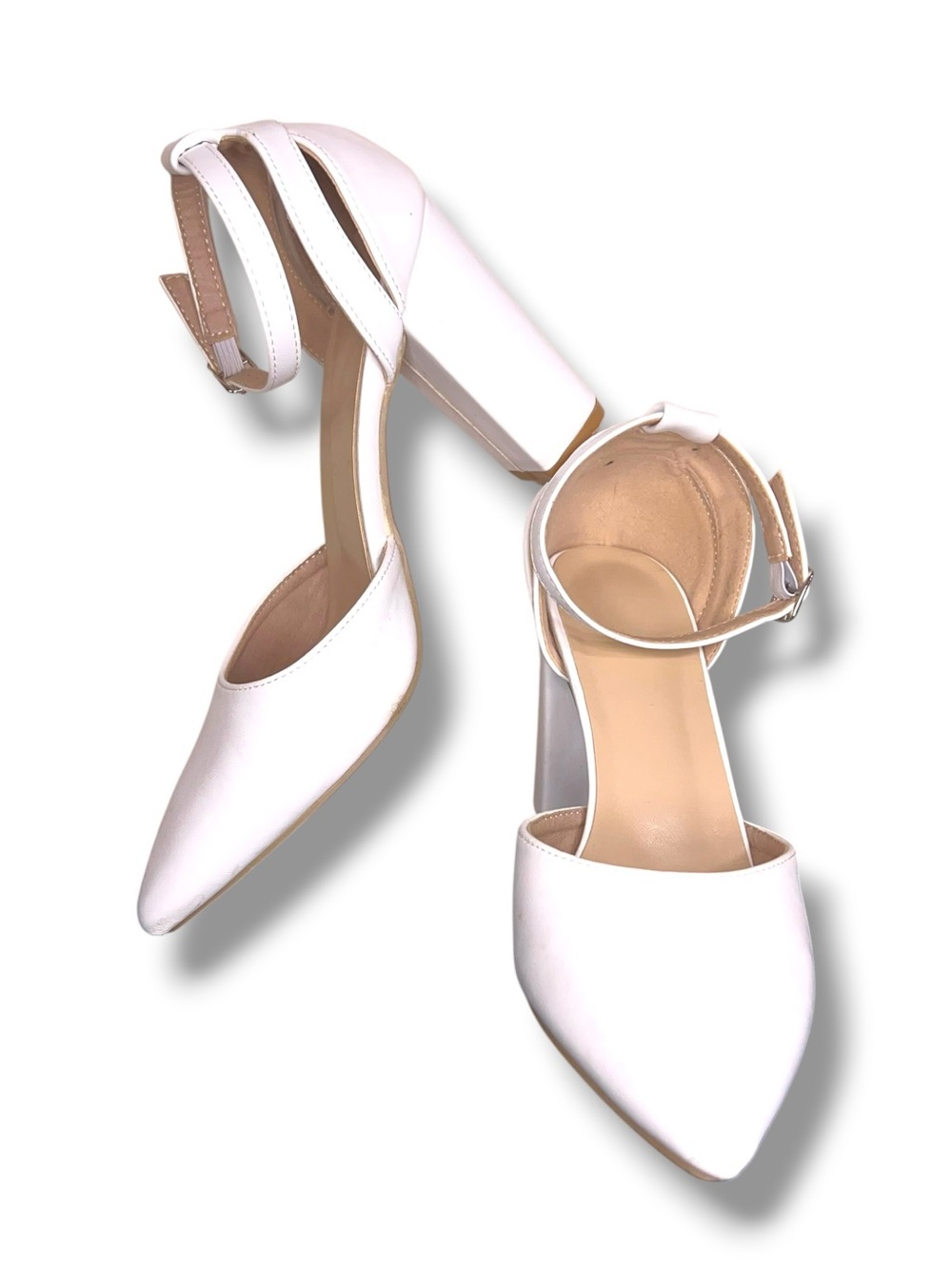Size 5 Women’s White Ankle Strap Block Heel Shoes Wedding Formal Event Prom